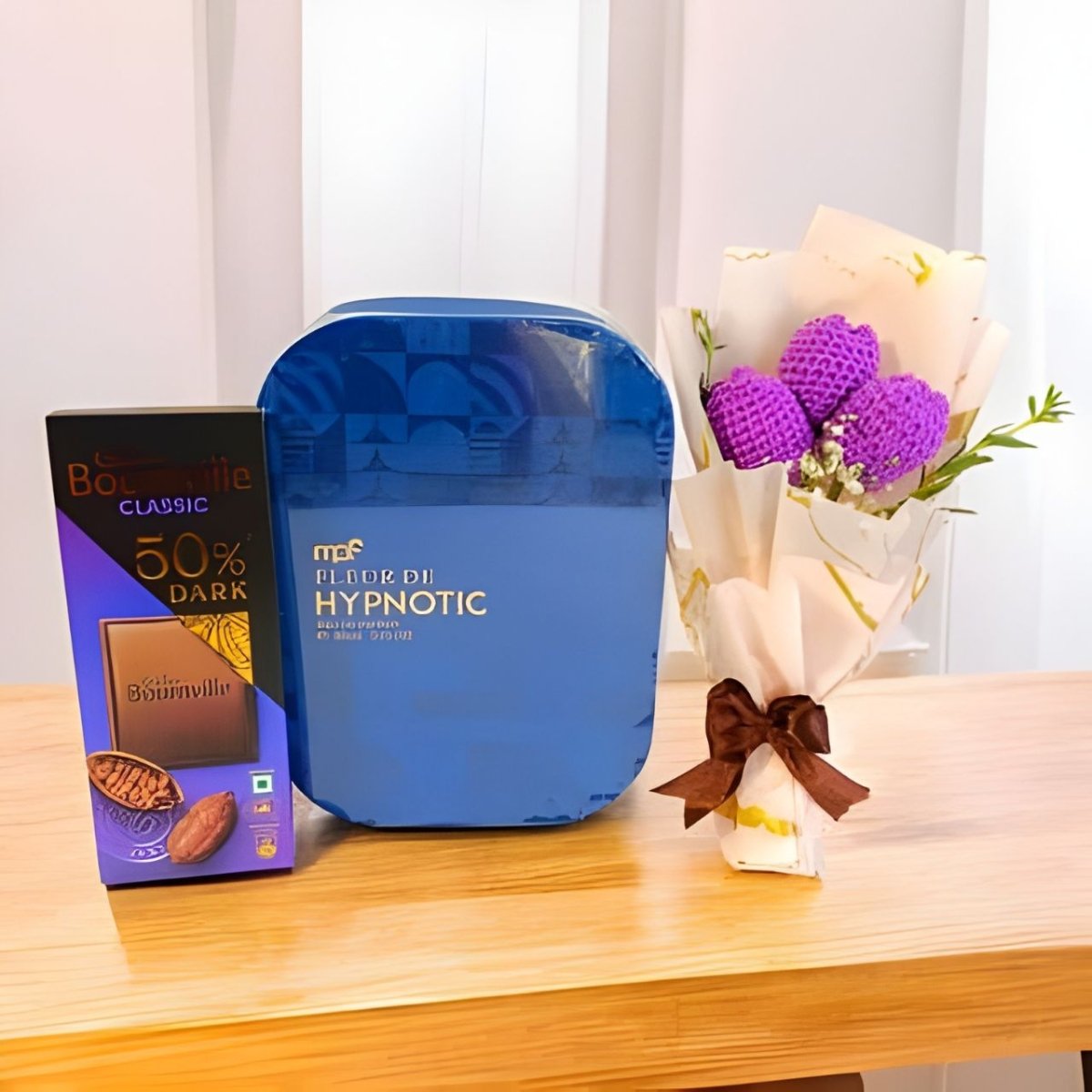 Premium Perfume, Dark Chocolate & Crochet Tulip Bouquet Gift Hamper - Flowers to Nepal - FTN