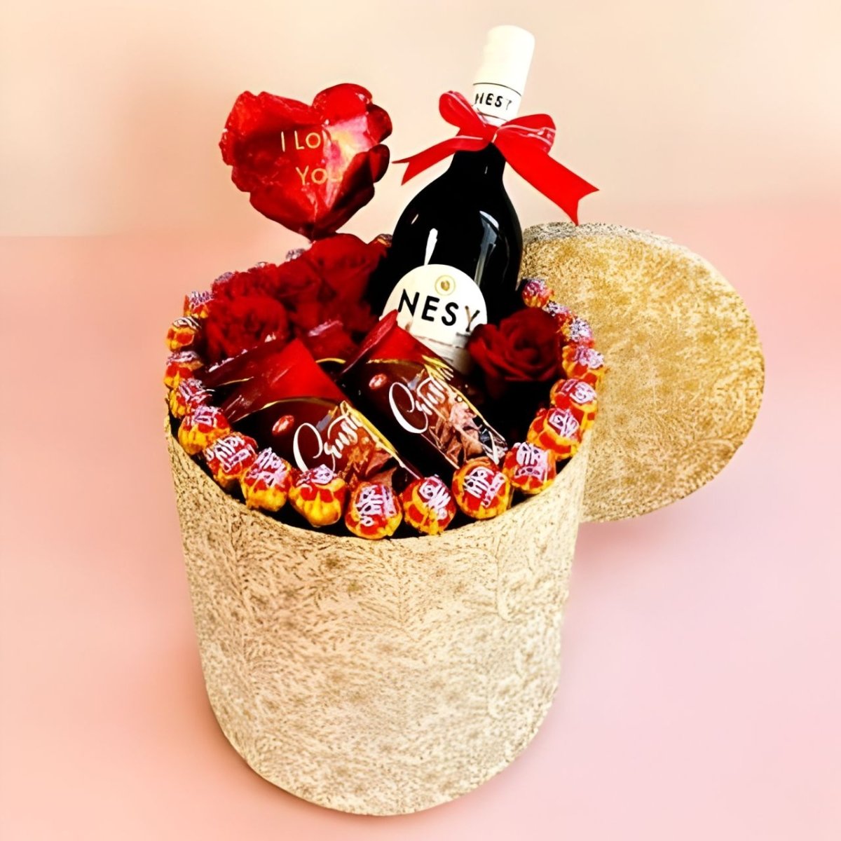 Premium Red Wine 750ml with Chocolates & Roses Gift Box - Flowers to Nepal - FTN