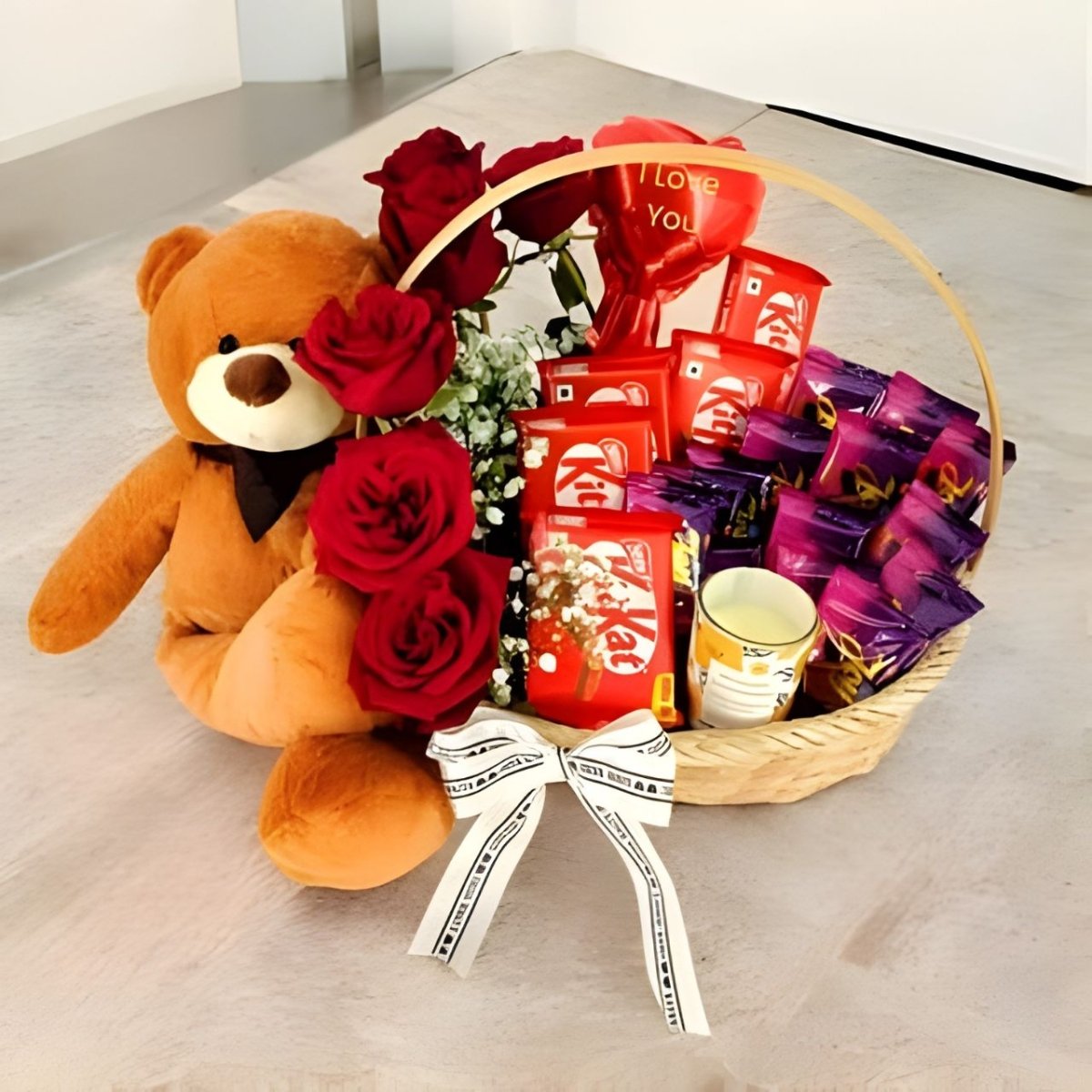 Premium Romantic Basket with Teddy, Roses, Candles & Chocolates - Flowers to Nepal - FTN