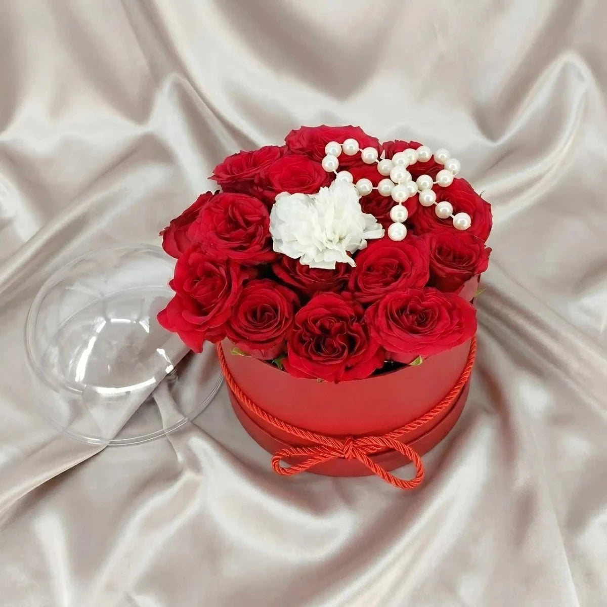 Premium Rose Arrangement in Red Round Display Box with Pearl - Flowers to Nepal - FTN