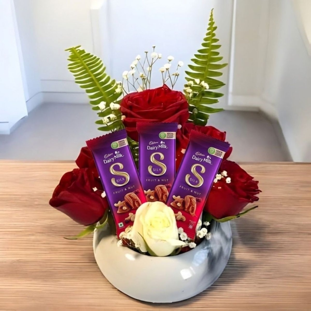 Premium Rose & Dairy Milk Silk Pot Gift - Flowers to Nepal - FTN