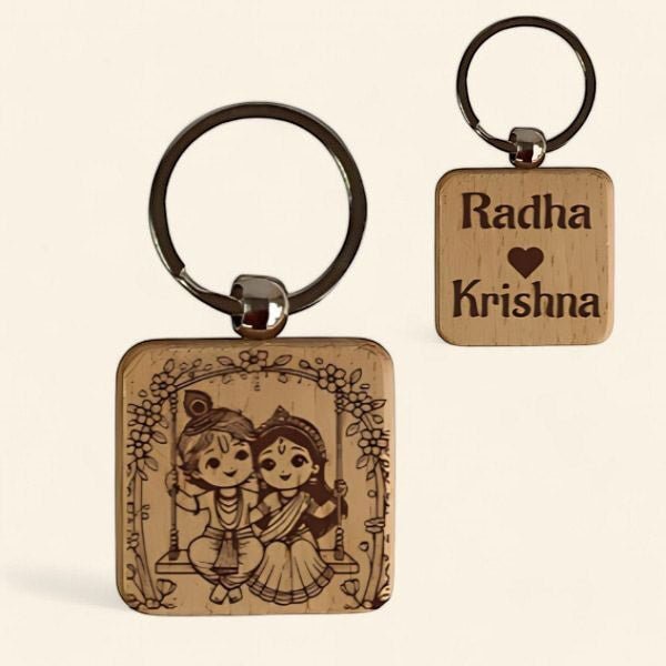 Radha Krishna Engraved Wooden Custom Keyring - Flowers to Nepal - FTN