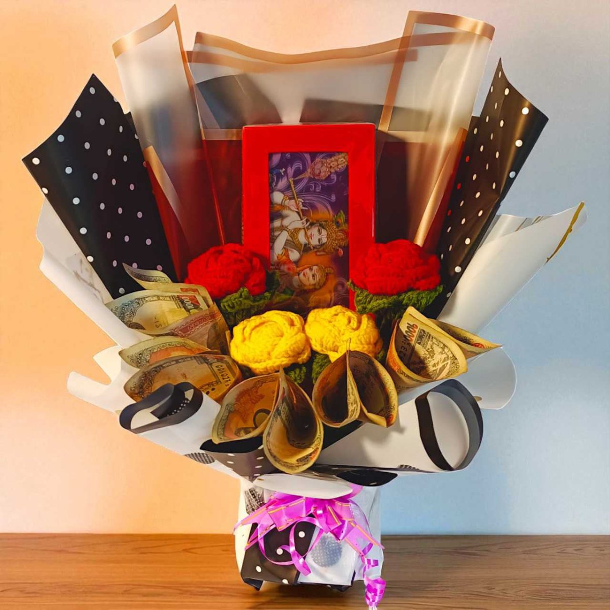 Radha Krishna Gift Box with Cash & Crochet Bouquet - Flowers to Nepal - FTN