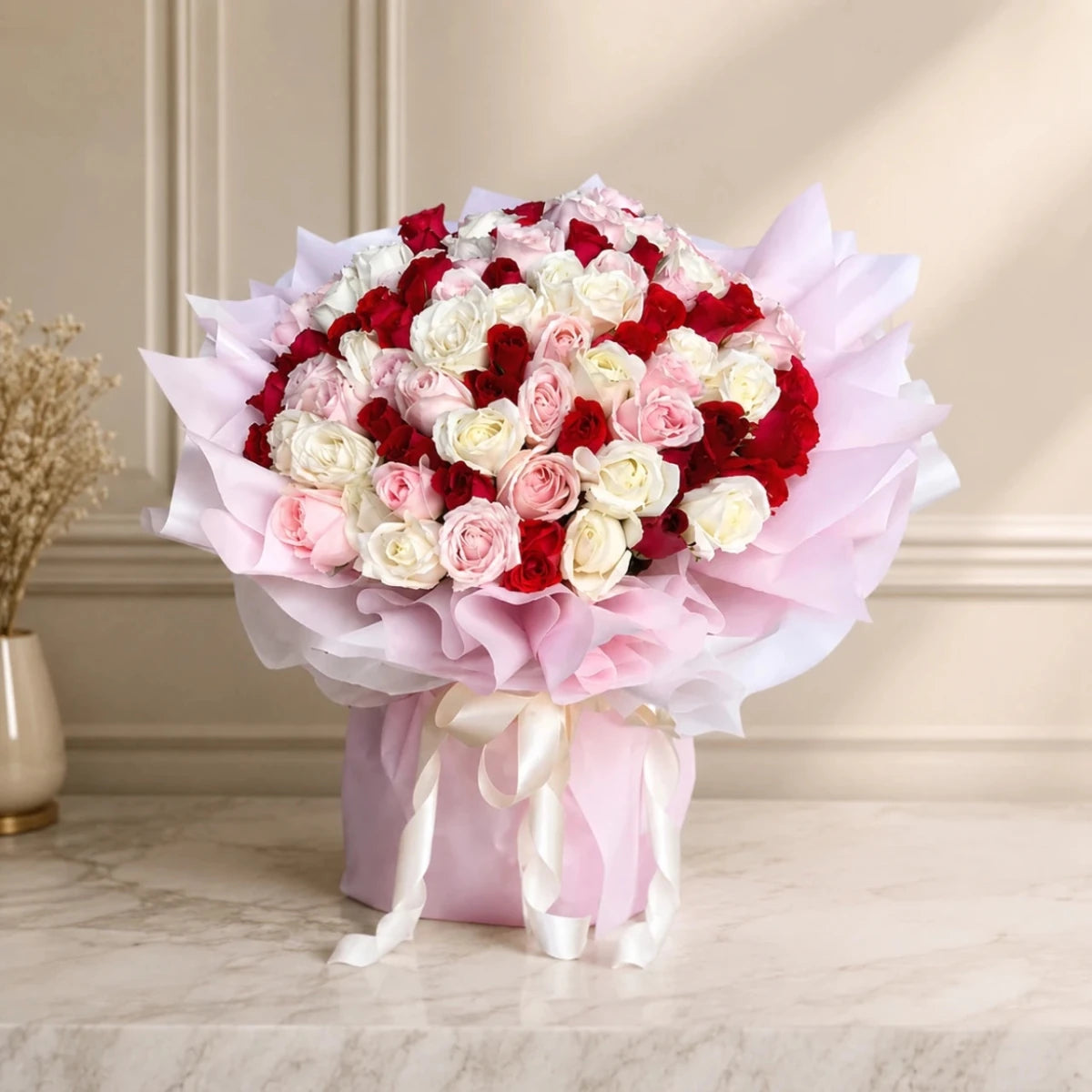 Radiant 50 Roses Trio Bouquet - Flowers to Nepal - FTN