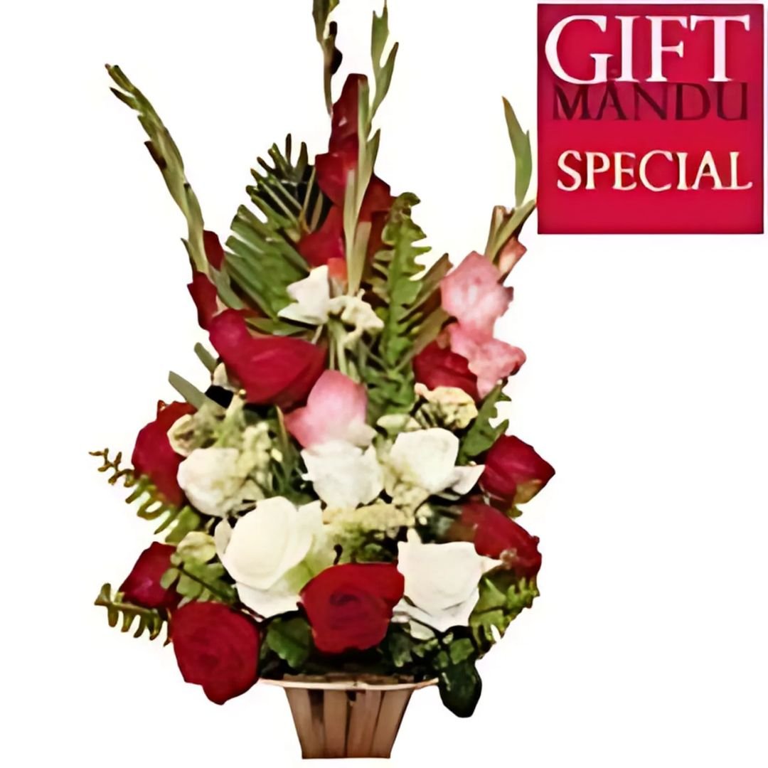 Red and White Roses With Gladiolus Basket - Flowers to Nepal - FTN