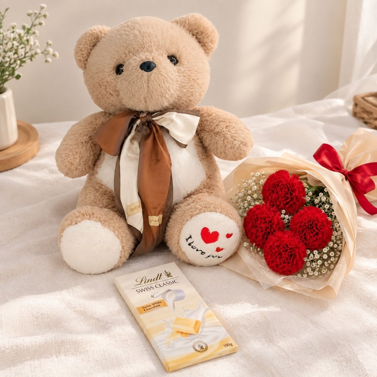 Red Carnation, Teddy Bear & Lindt Chocolate Gift Set - Flowers to Nepal - FTN