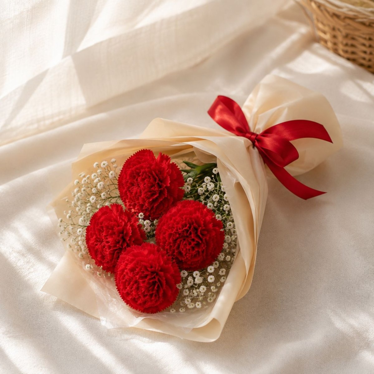 Red Carnations with Gypsies Bouquet - Flowers to Nepal - FTN