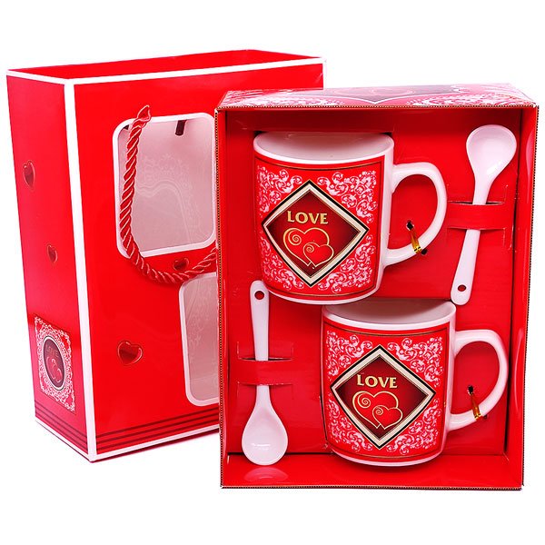 Red Ceramic Couple Mug Set with "Love" Print and Spoon - Flowers to Nepal - FTN