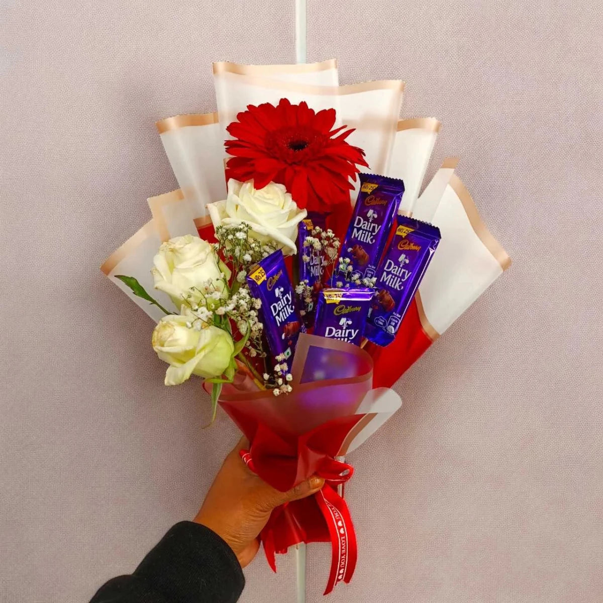 Red Gerbera & White Rose Chocolate Bouquet - Flowers to Nepal - FTN