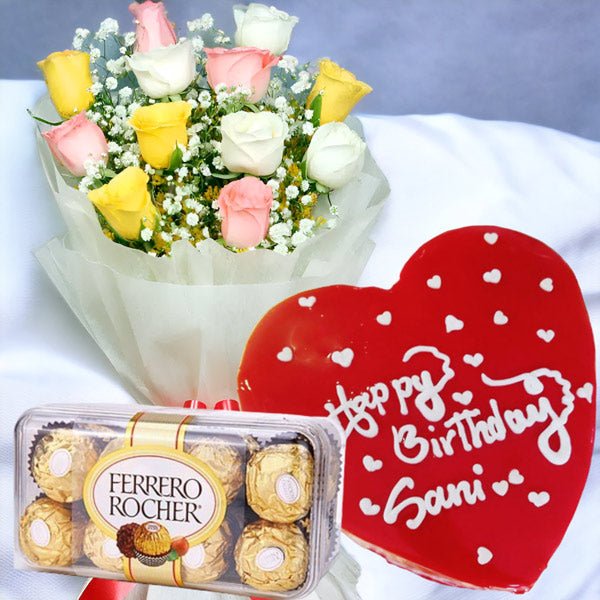 RED HEART CAKE WITH ROSES BUNCH & CHOCOLATE - Flowers to Nepal - FTN