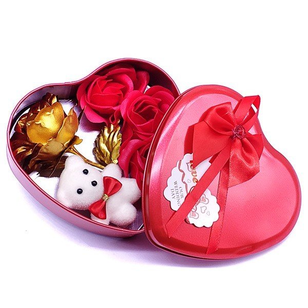 Red Heart Tin Box With Teddy & Roses - Flowers to Nepal - FTN