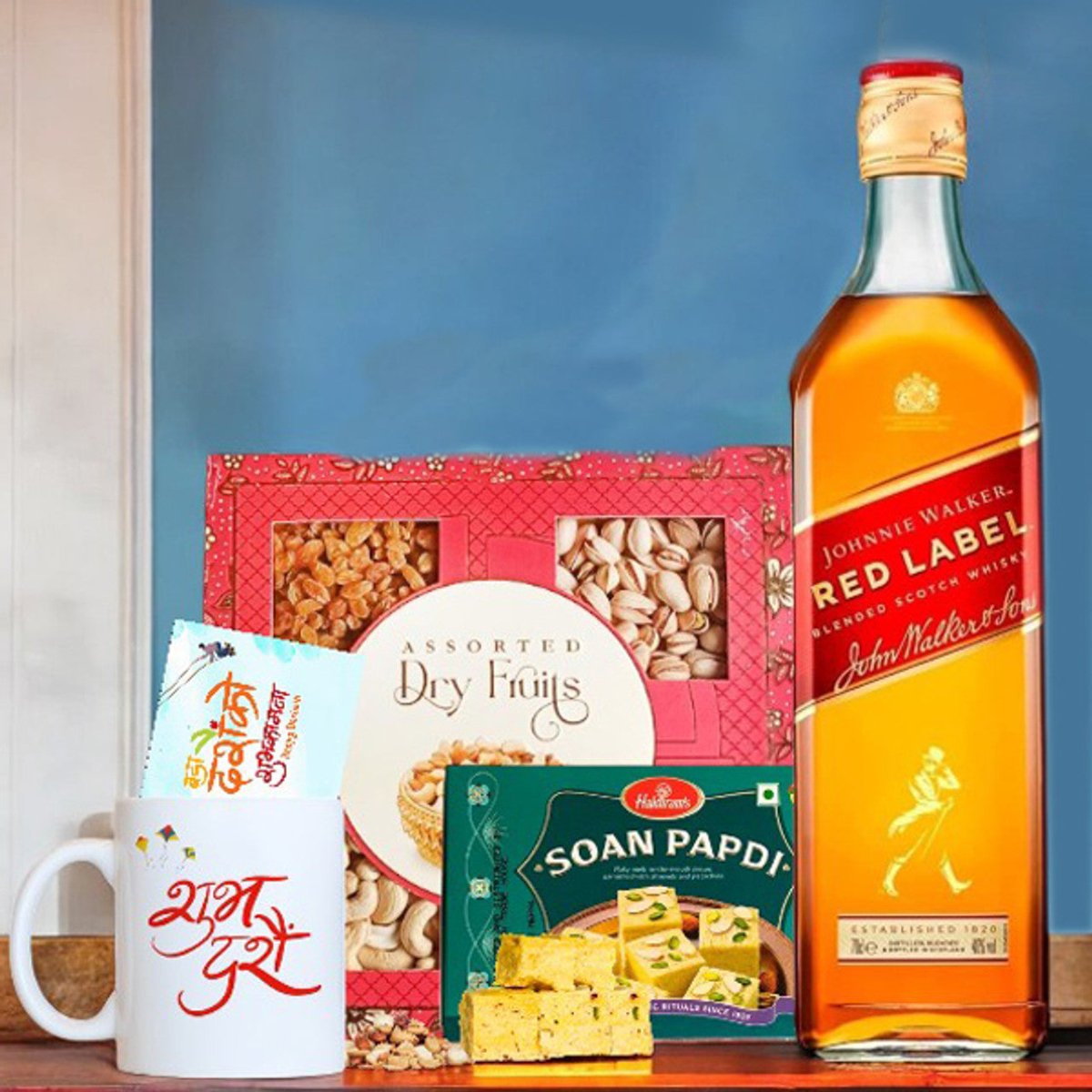 Red Label Whisky with Dry Nuts & Sweets Hamper - Flowers to Nepal - FTN