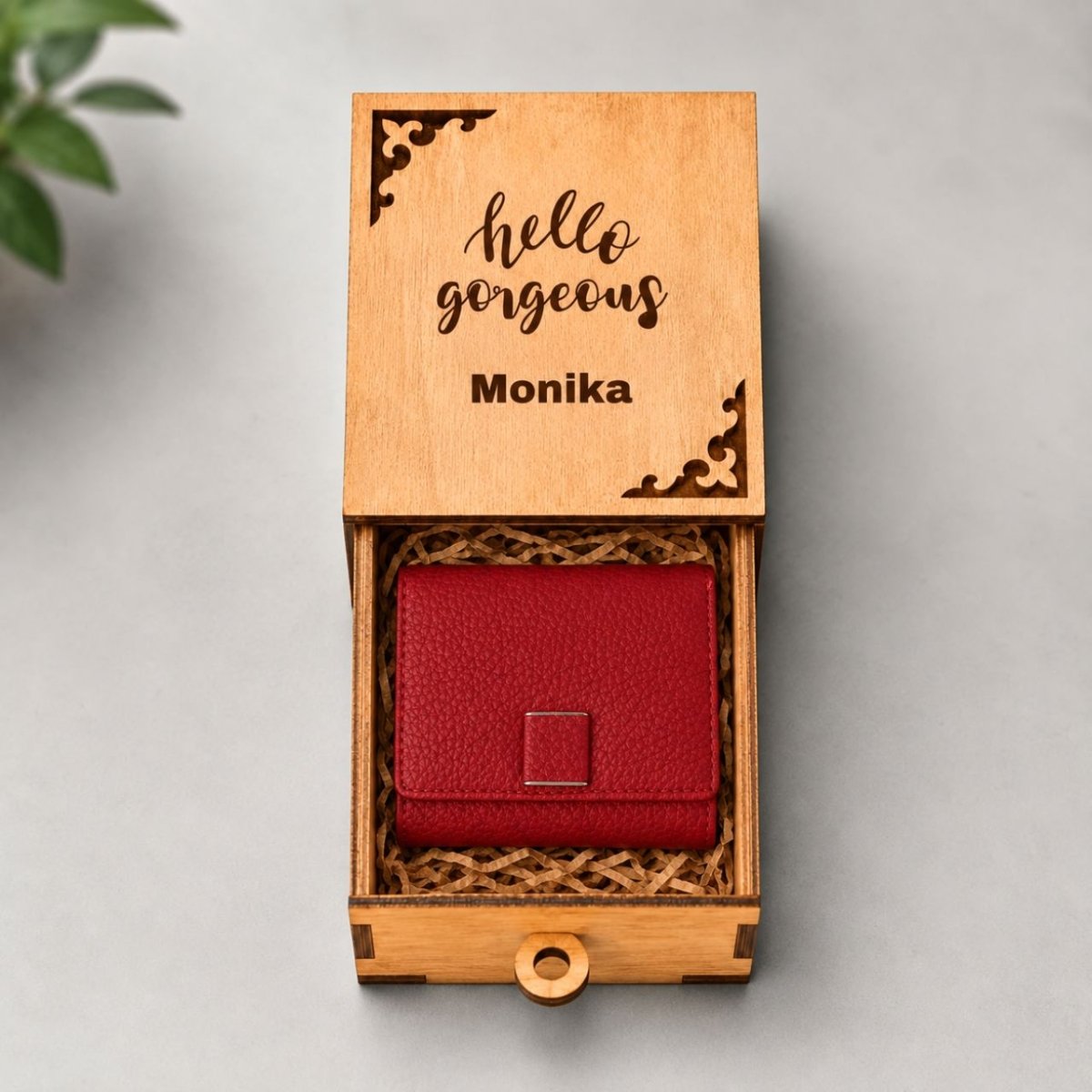 Red Leather Wallet & Personalized Wooden Box Gift Set - Flowers to Nepal - FTN