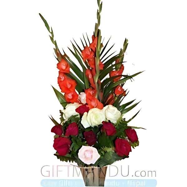 Red Pink White Roses Gladious Basket - Flowers to Nepal - FTN