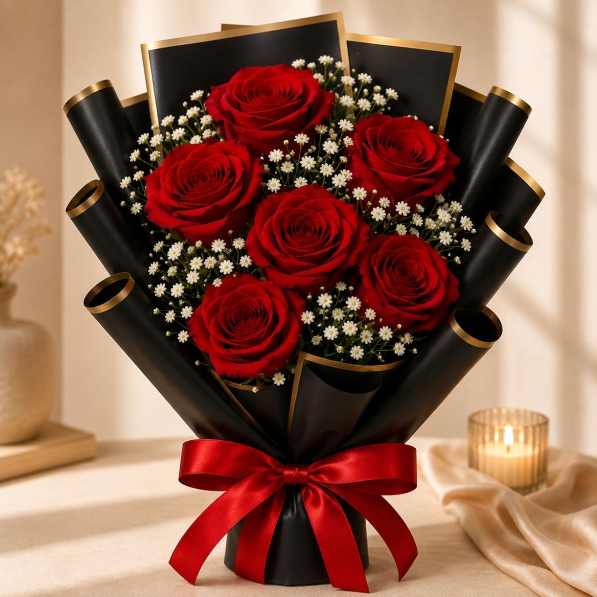 Red Rose & Gypsies Bouquet for Special Occasions - Flowers to Nepal - FTN