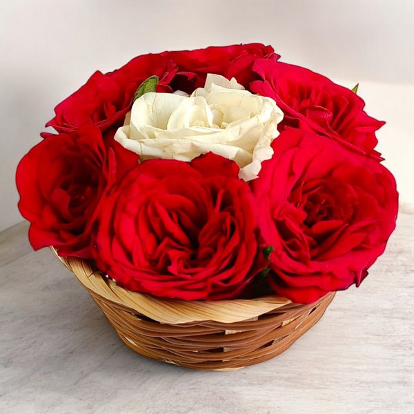 Red Roses Basket with One White Rose - Flowers to Nepal - FTN