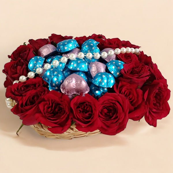 Red Roses & Chocolates in Pearl Basket - Flowers to Nepal - FTN