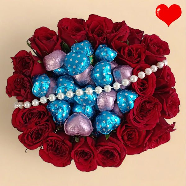 Red Roses & Chocolates in Pearl Basket - Flowers to Nepal - FTN