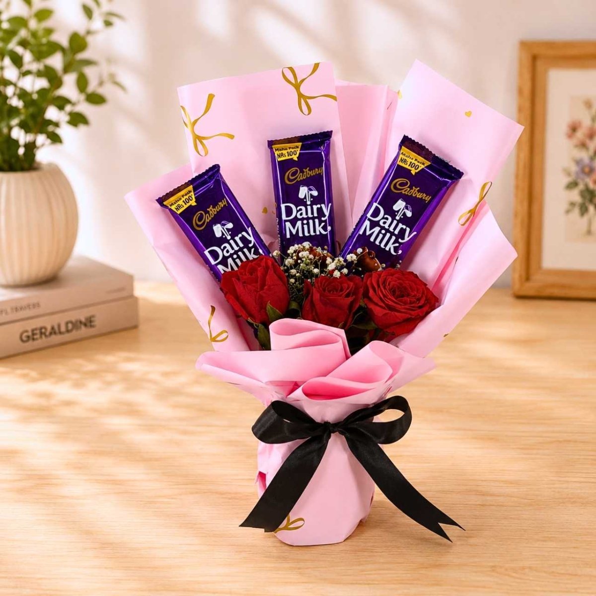 Red Roses & Dairy Milk Chocolate Bouquet - Flowers to Nepal - FTN