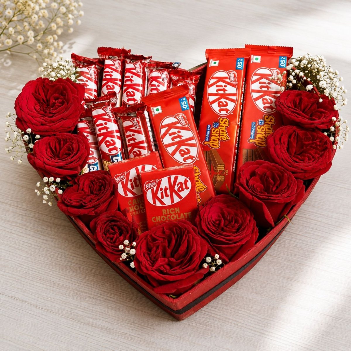 Red Roses & KitKat Chocolate Heart Box - Flowers to Nepal - FTN