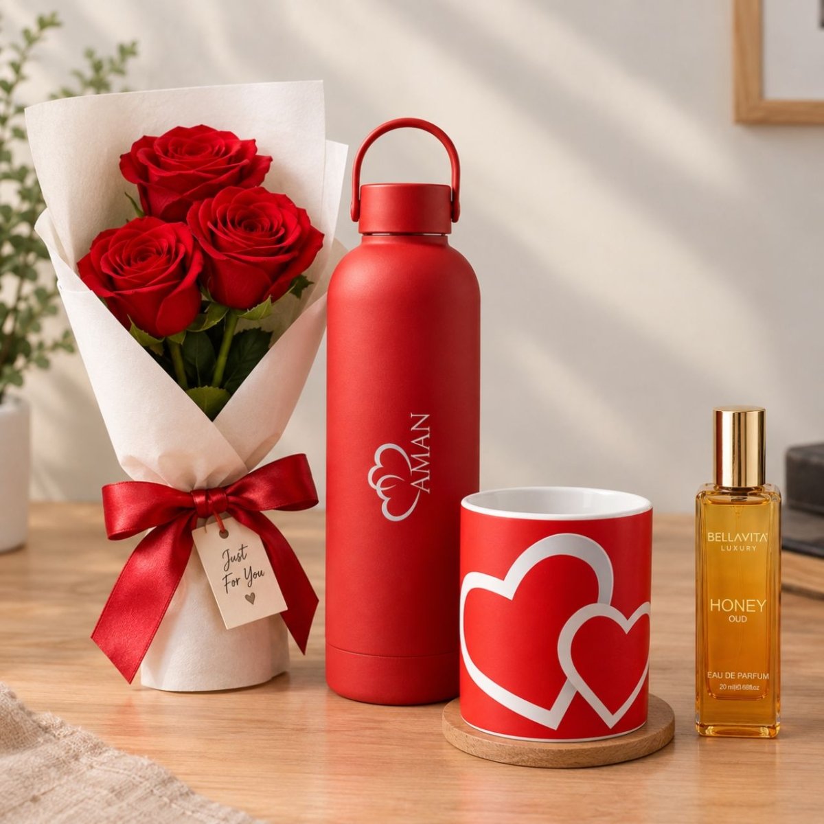 Red Roses, Personalized Bottle & Perfume Gift Set - Flowers to Nepal - FTN