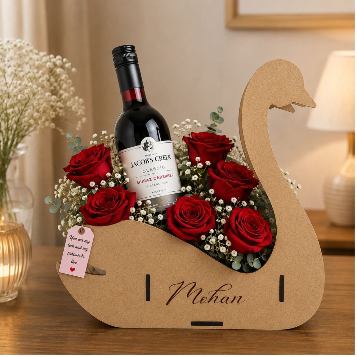 Red Roses & Wine Swan Gift Basket - Flowers to Nepal - FTN