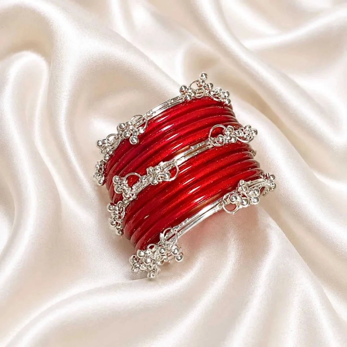 Red Shimmer & Silver Jhumka Bangles Set - Flowers to Nepal - FTN
