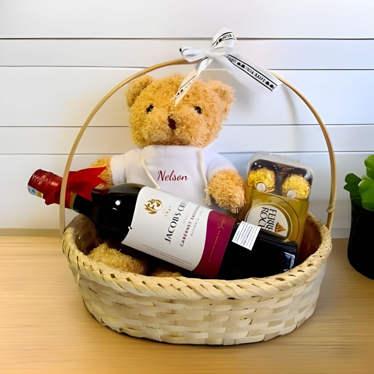 Red Wine, Personalized Teddy & Chocolate Delight Basket - Flowers to Nepal - FTN