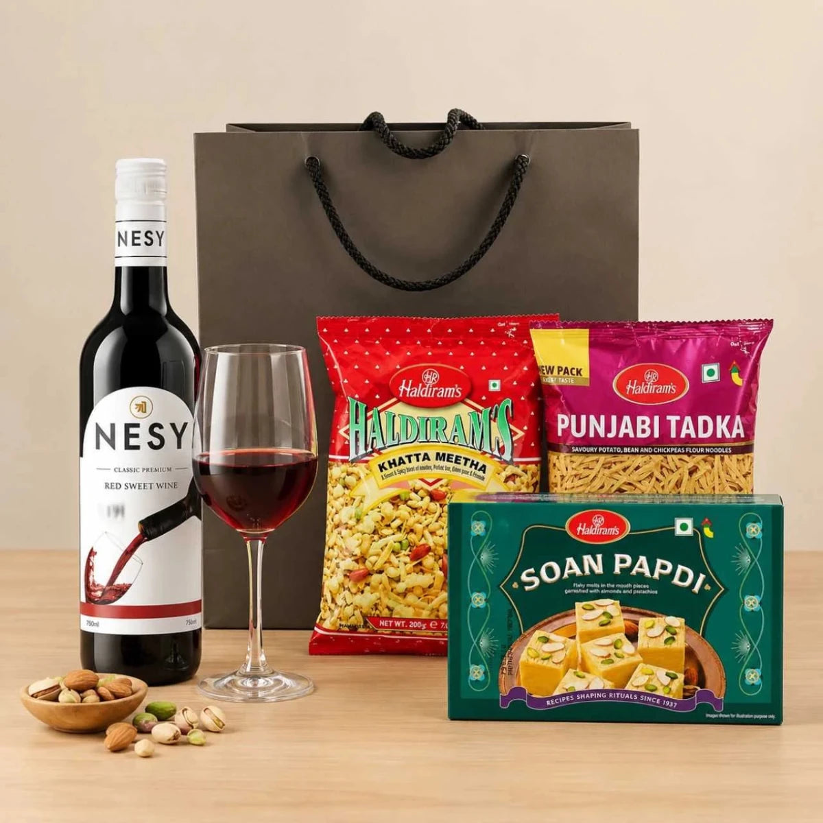 Red Wine, Snacks & Sweets Gift Bag - Flowers to Nepal - FTN