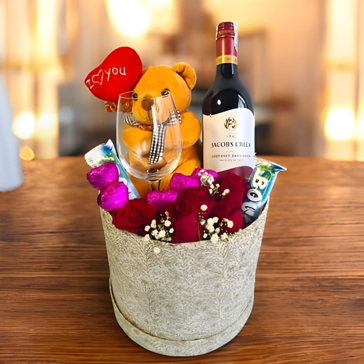 Red Wine, Teddy, Chocolates & Red Roses Gift Box - Flowers to Nepal - FTN