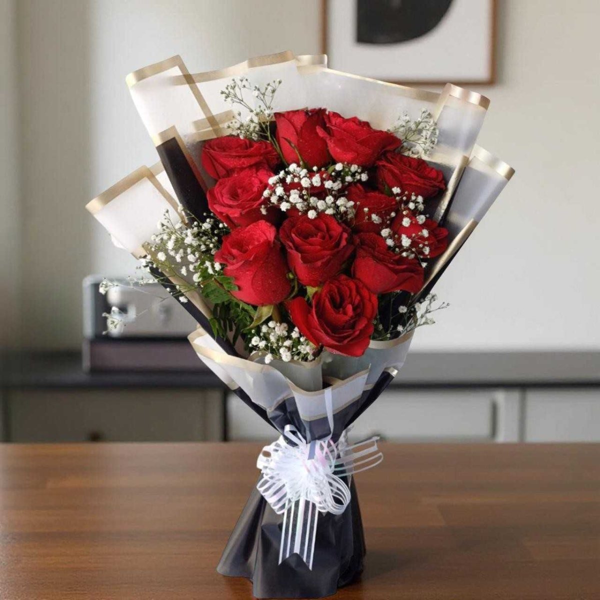 Romantic 12 Red Roses with Gypsy Flowers - Flowers to Nepal - FTN