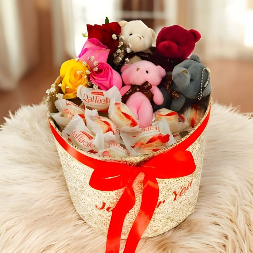 Romantic Fresh Roses, Teddy Charm & Chocolates Gift Box - Flowers to Nepal - FTN
