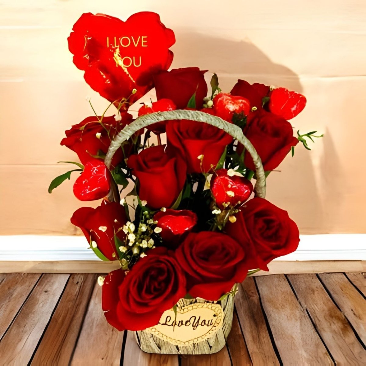 Romantic Gift Basket with Fresh Roses & Gourmet Chocolates - Flowers to Nepal - FTN