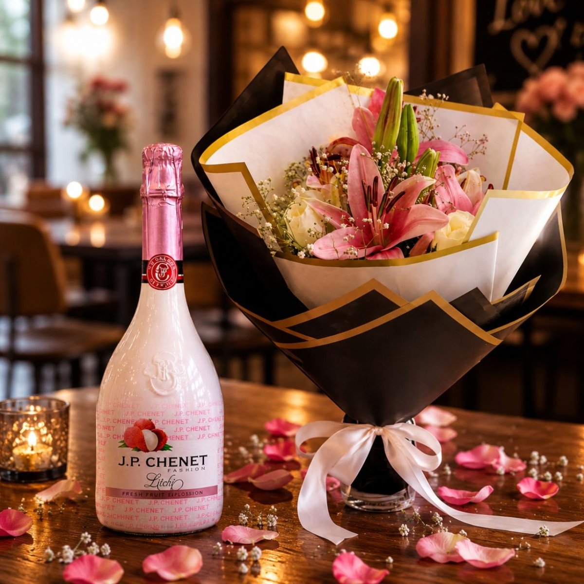 Romantic Lily Bouquet & Litchi Wine - Flowers to Nepal - FTN