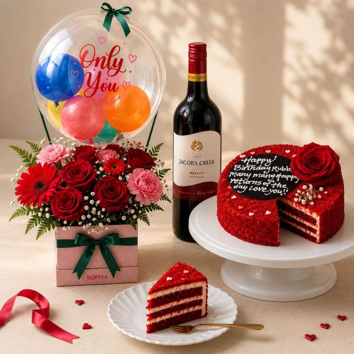 Romantic Luxury Flowers, Cake & Wine Hamper - Flowers to Nepal - FTN