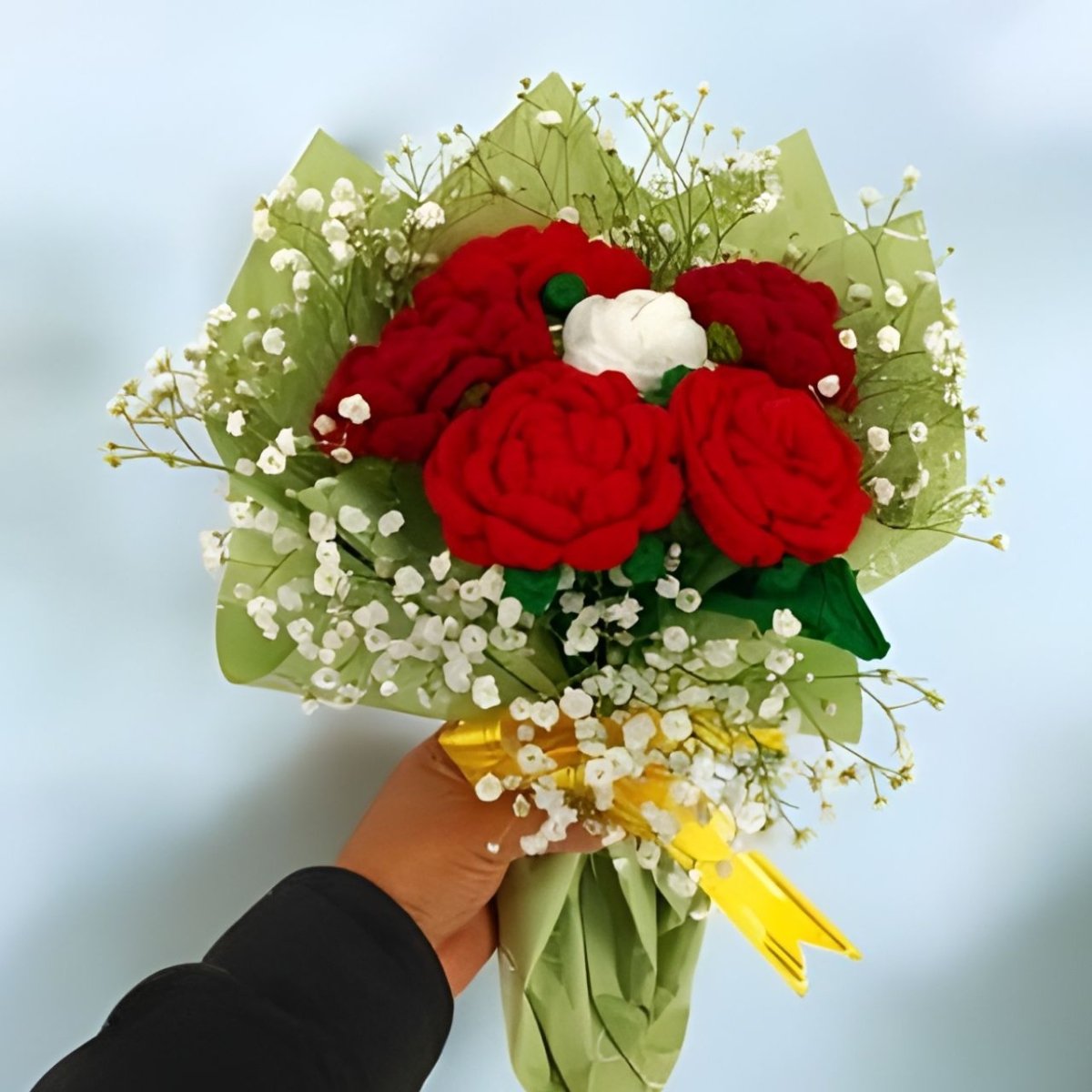 Romantic Red & White Crochet Roses Bouquet - Flowers to Nepal - FTN
