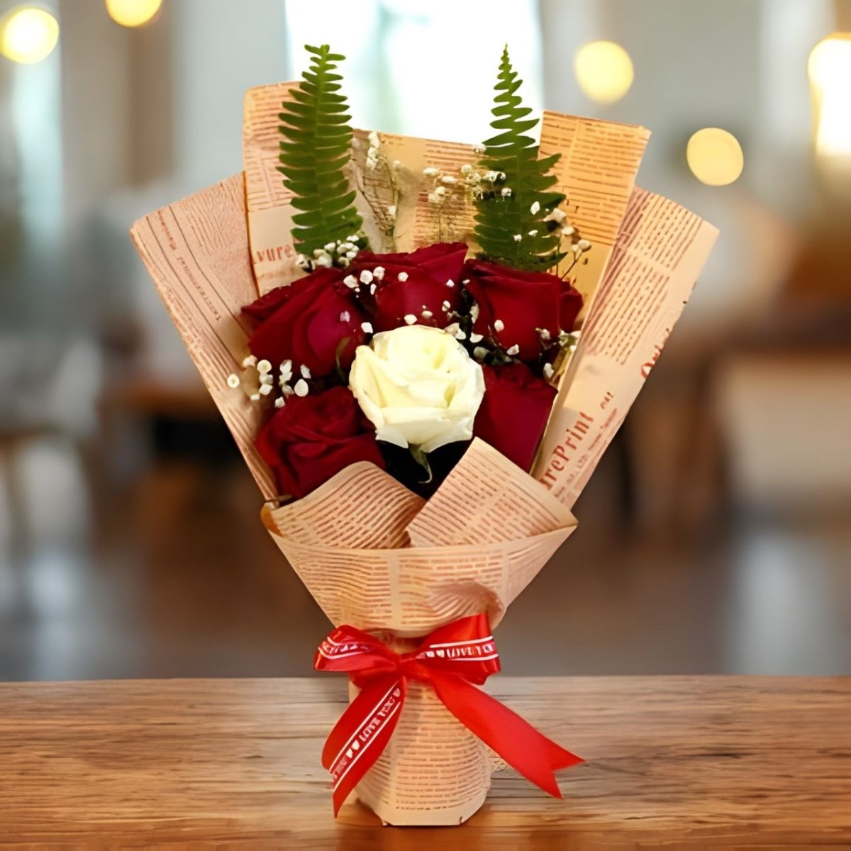 Romantic Red & White Roses Bouquet - Flowers to Nepal - FTN