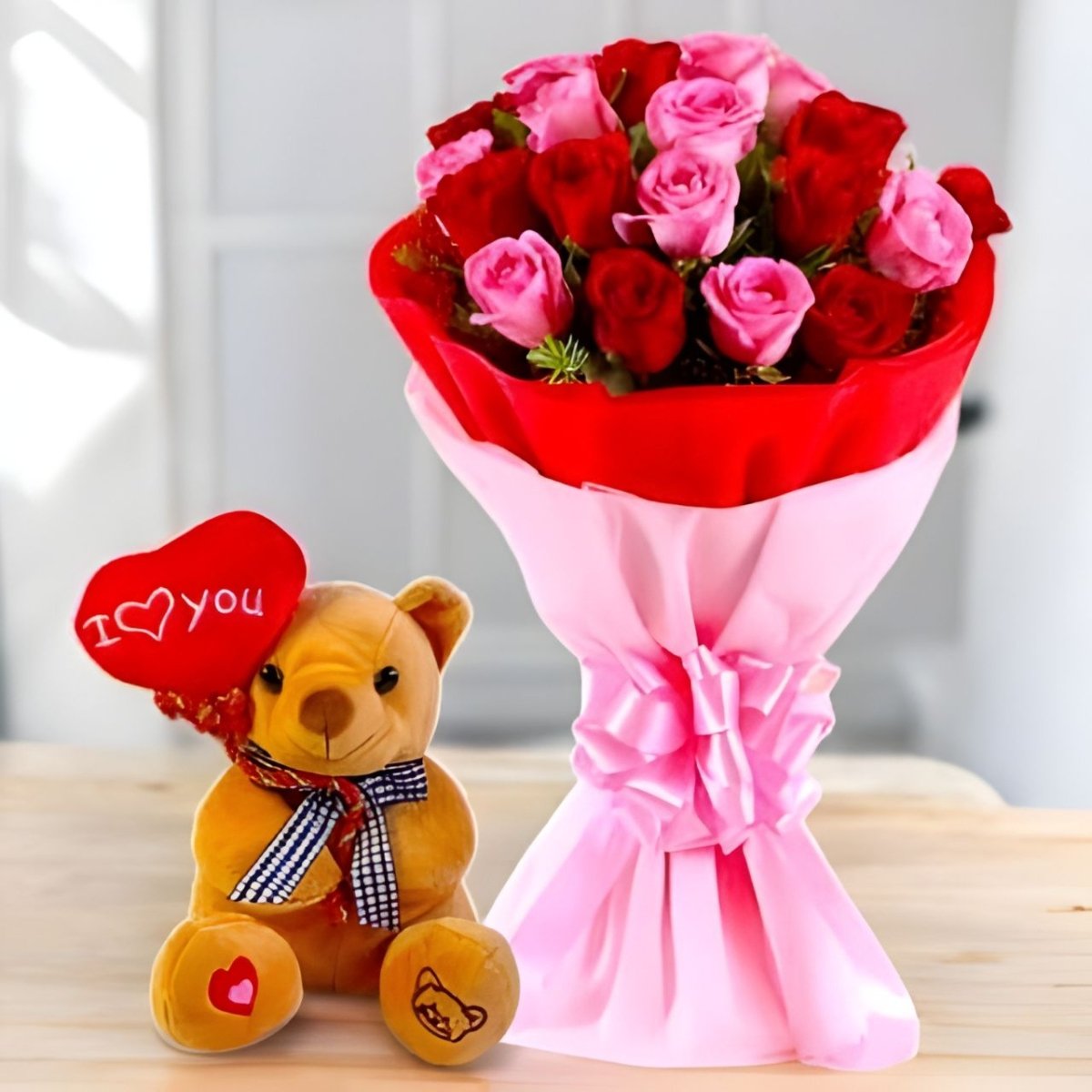 Romantic Roses Bouquet with Adorable Teddy - Flowers to Nepal - FTN