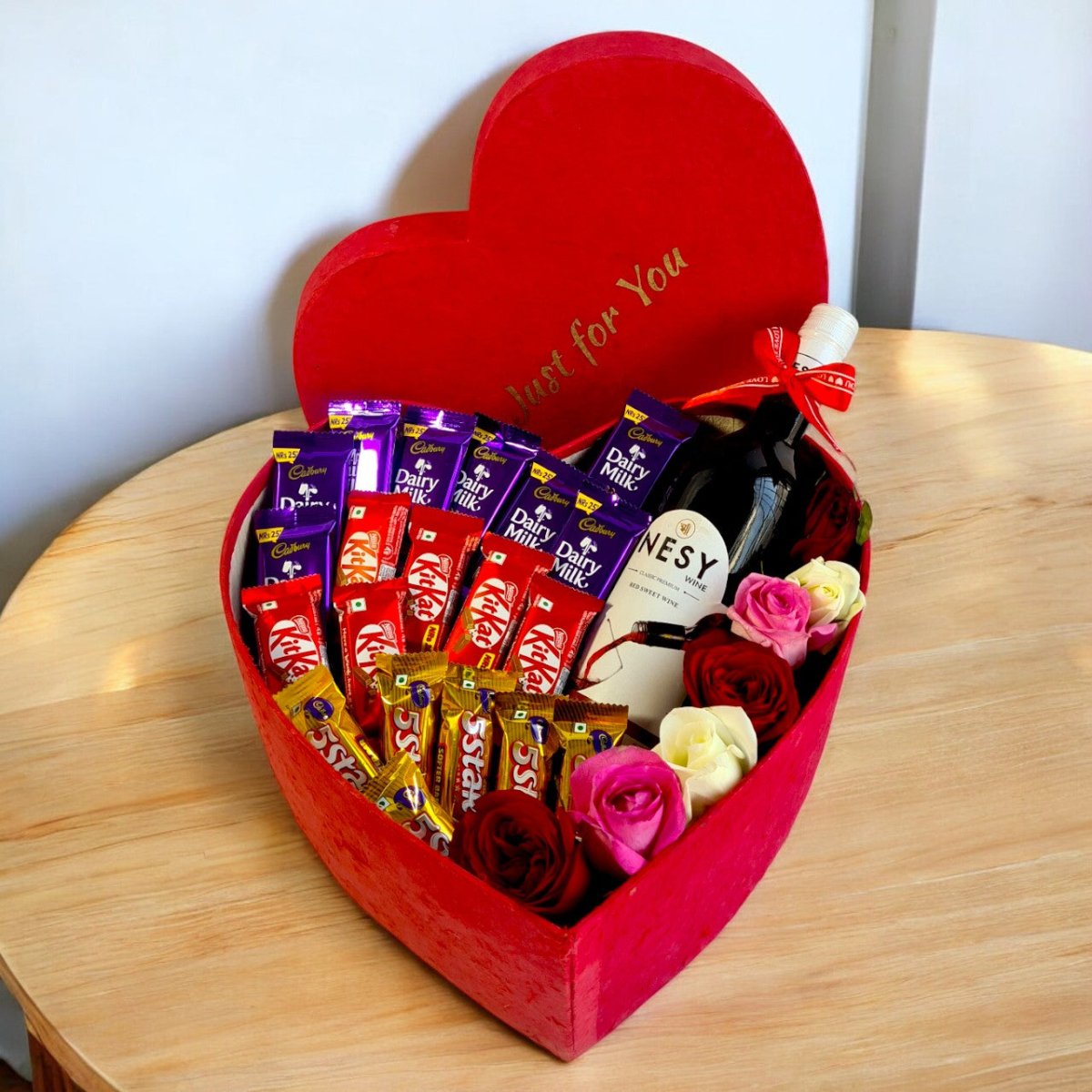 Romantic Roses, Red Wine 750ml & Chocolates Gift Box - Flowers to Nepal - FTN