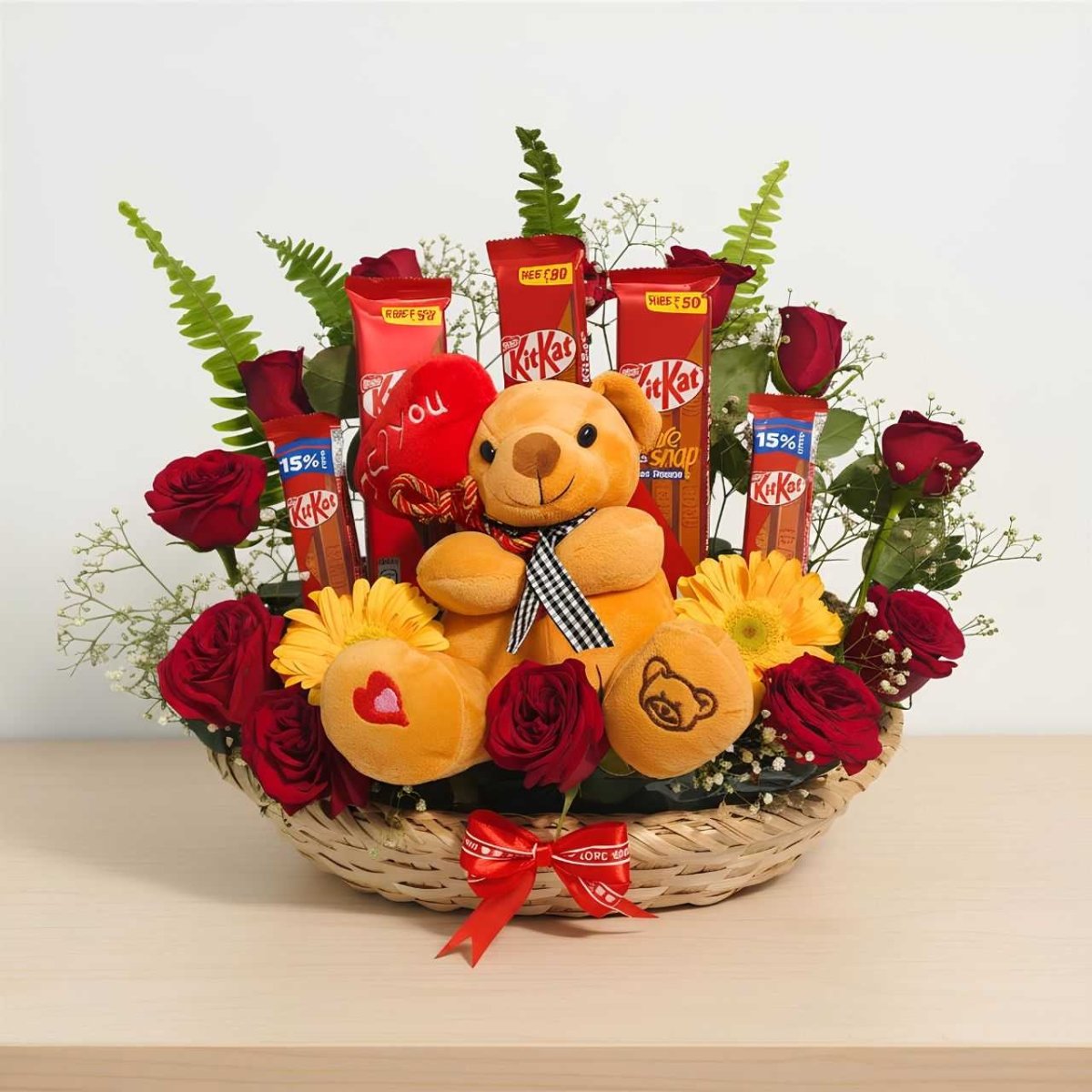 Romantic Teddy Bear & Chocolate Gift Basket with Fresh Flowers - Flowers to Nepal - FTN