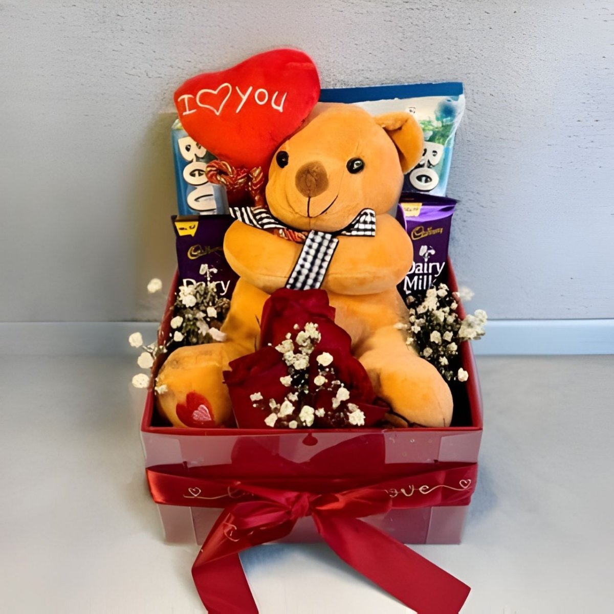 Romantic Teddy, Chocolates & Roses Gift Box - Flowers to Nepal - FTN