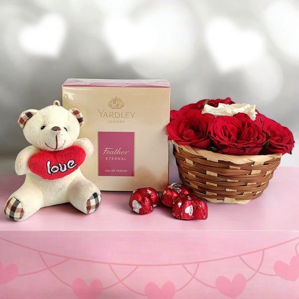 Rose Basket with Teddy Keyring, Perfume for Her - Flowers to Nepal - FTN