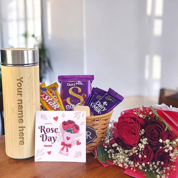 Rose Day Chocolate, Custom Bottle, keyring and bouquet hamper - Flowers to Nepal - FTN