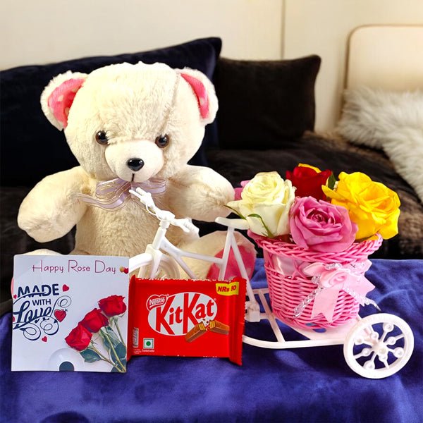 Rose Day Delights: Teddy, Roses & KitKat - Flowers to Nepal - FTN