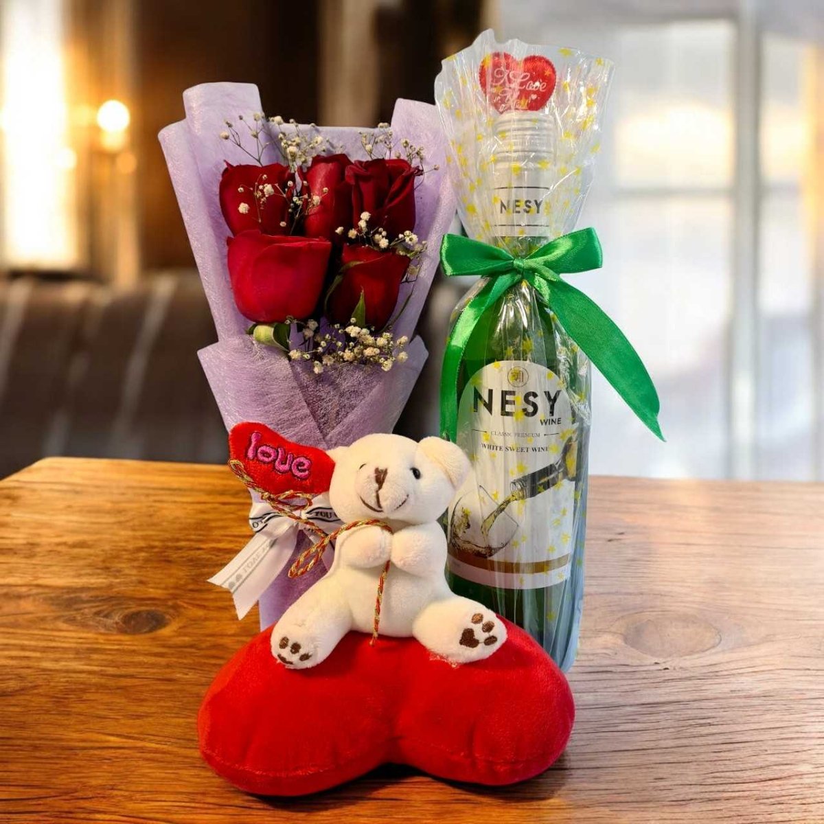 Rose, Wine & Teddy Deligh - Flowers to Nepal - FTN