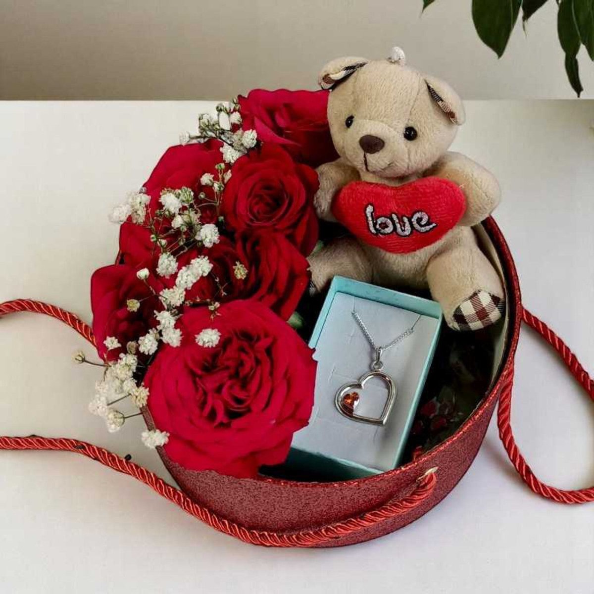 Roses beauty With Cute Mini toy keyring With Silver Love Pendant - Flowers to Nepal - FTN