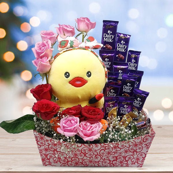 Roses & Chocolates Box With Cute Penguin Teddy - Flowers to Nepal - FTN