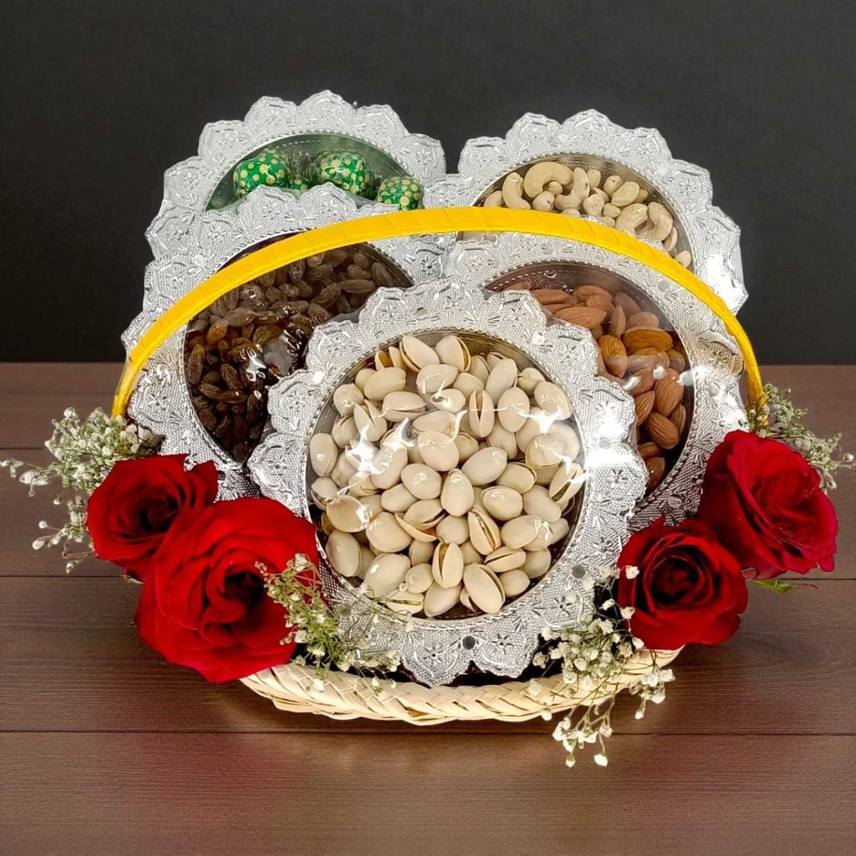 Roses, Chocolates & Dry Fruits Basket - Flowers to Nepal - FTN