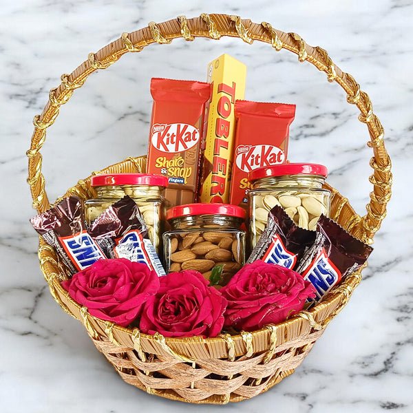 Roses, Dry Nuts & Chocolate Basket - Flowers to Nepal - FTN