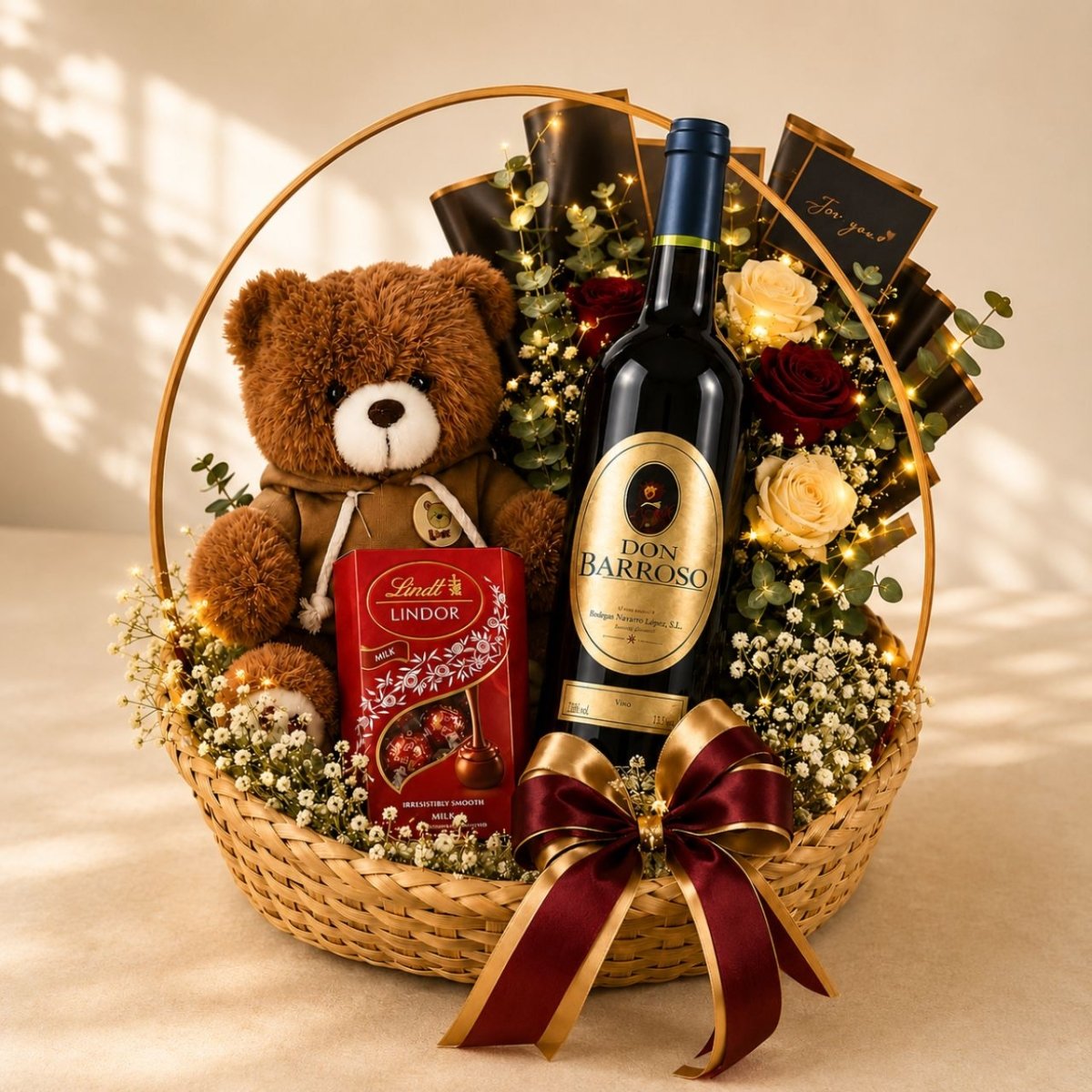 Roses, Teddy & Wine Romantic Gift Hamper - Flowers to Nepal - FTN